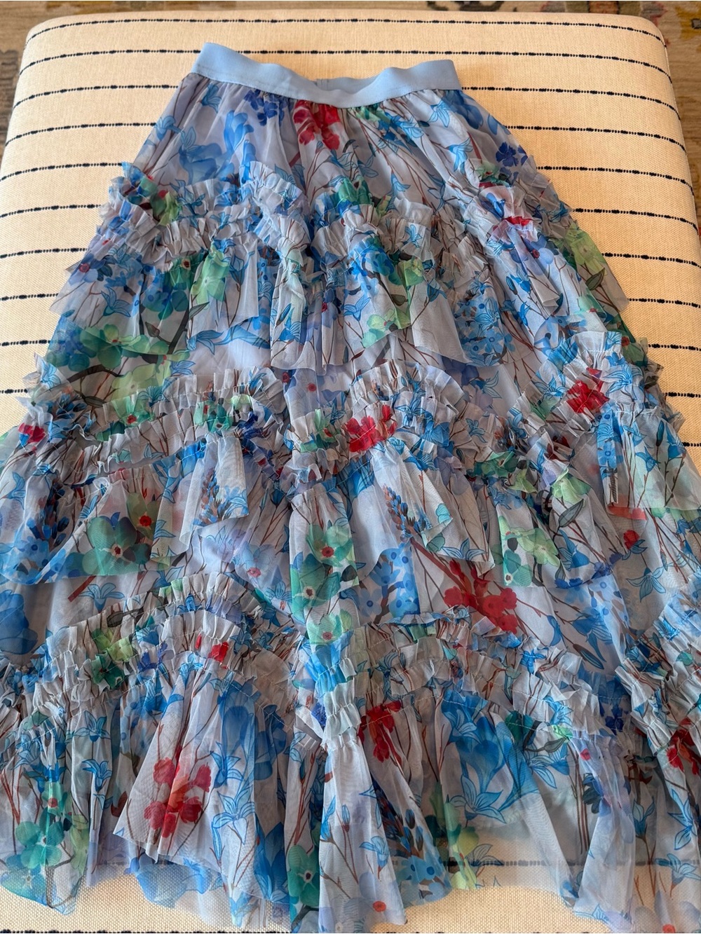 Light Blue Floral Ruffled Tiered A-Line Skirt